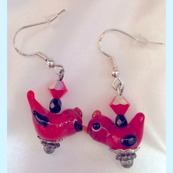 1” New Handmade RedBird LampWork Earrings on Sterling Silver EarWires - Picture 1 of 3